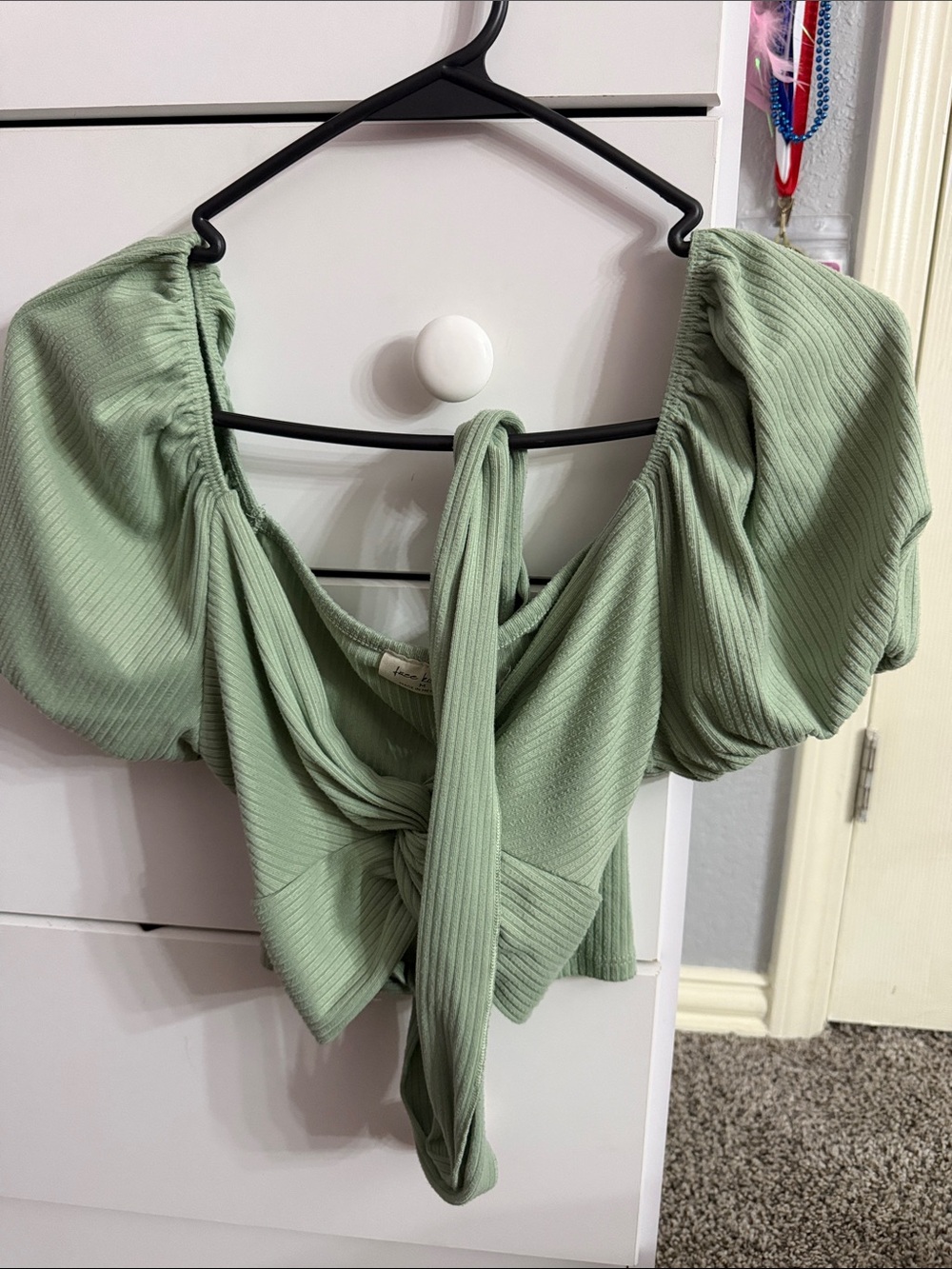 Free Kisses Sage Green Ribbed Puff-Sleeve Tie-Front Crop Top